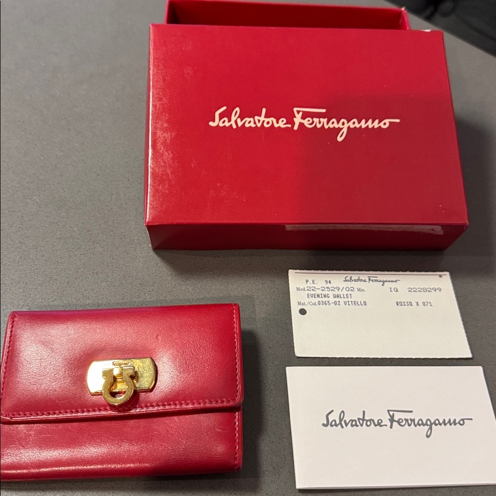 Salvatore Ferragamo Authentic Pre Owned Red Leather Card Holder Gold Hardware.